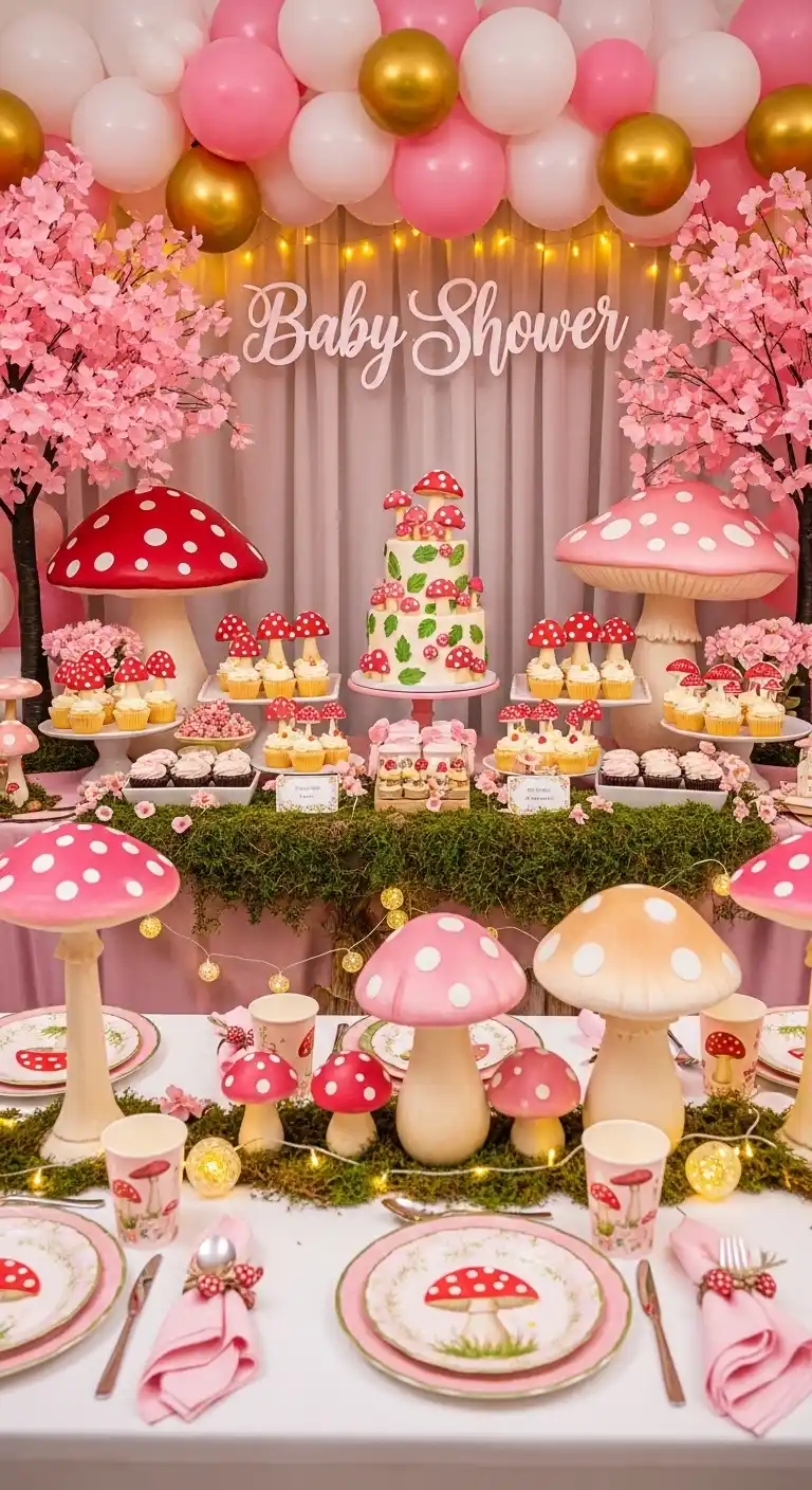 25 Girl Baby Shower Themes That Feel Fresh and Magical 21 17. Pink Woodland Mushrooms Theme