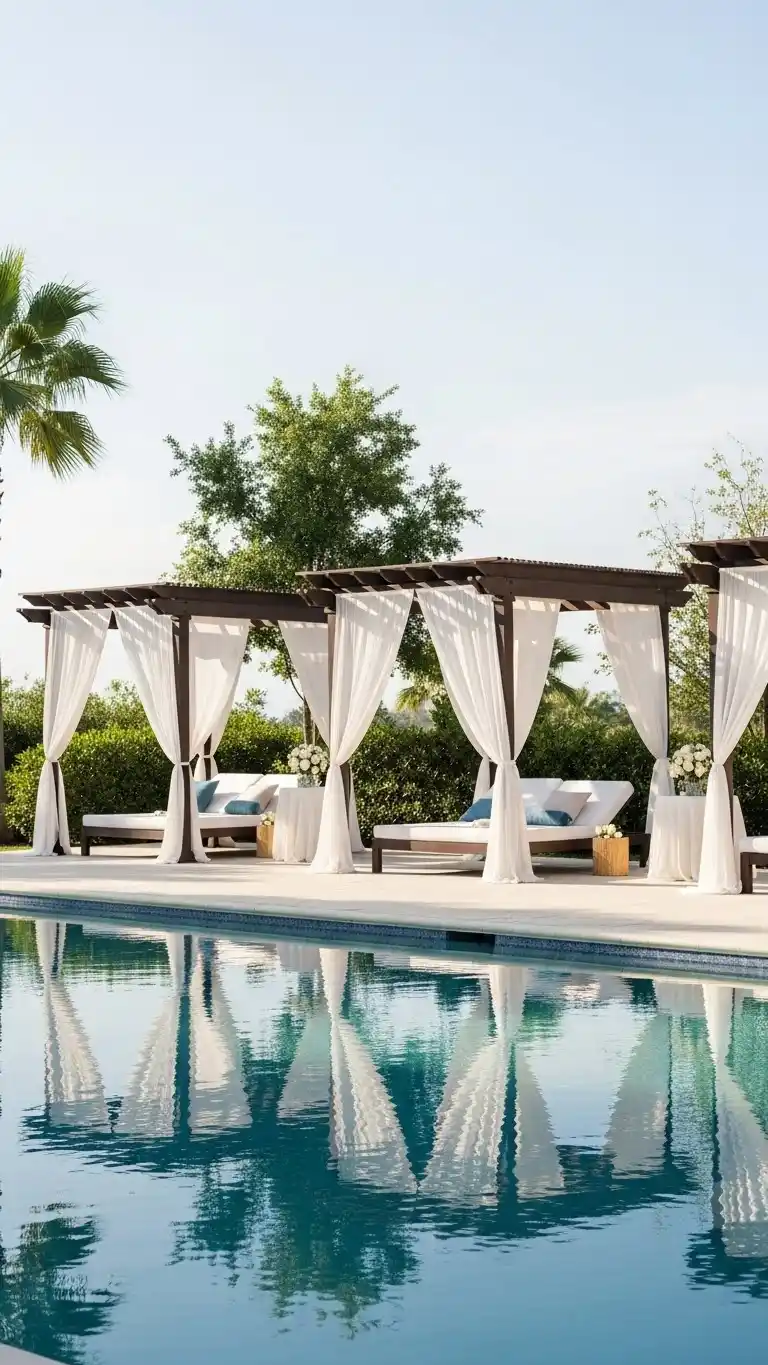 17 Poolside Wedding Ideas That Shine 21 17. Soft Fabric Draping Over Poolside Structures