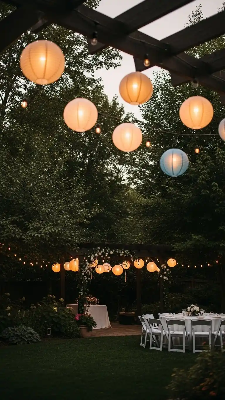 Beautiful Backyard Wedding Ideas on a Budget 21 17. Whimsical Hanging Lanterns for Soft Evening Light