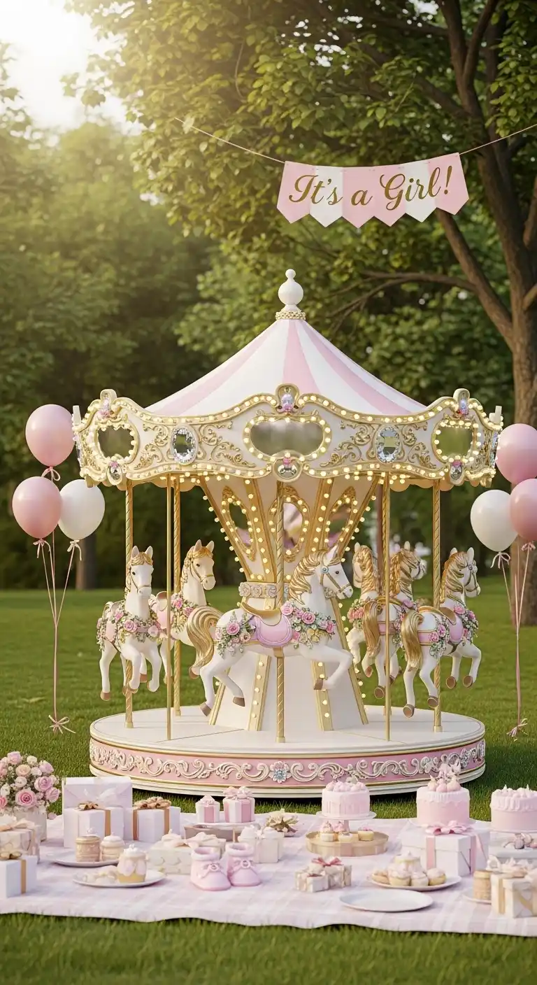 25 Girl Baby Shower Themes That Feel Fresh and Magical 22 18. Baby Girl Carousel Theme