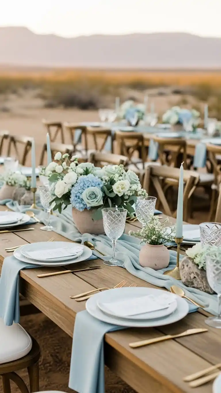 Desert Wedding Ideas That Bring Elegant, Rustic Charm to Your Big Day 22 18. Cool-Tone Oasis-Inspired Table Settings
