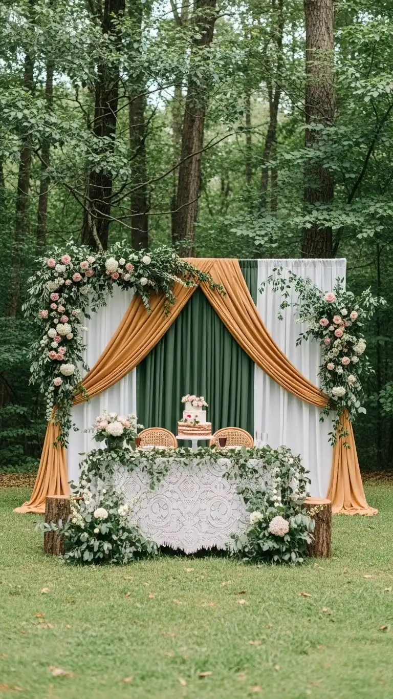 Dreamy Forest Wedding Theme to Steal the Show 22 18. Multi-Layered Forest Reception Backdrops