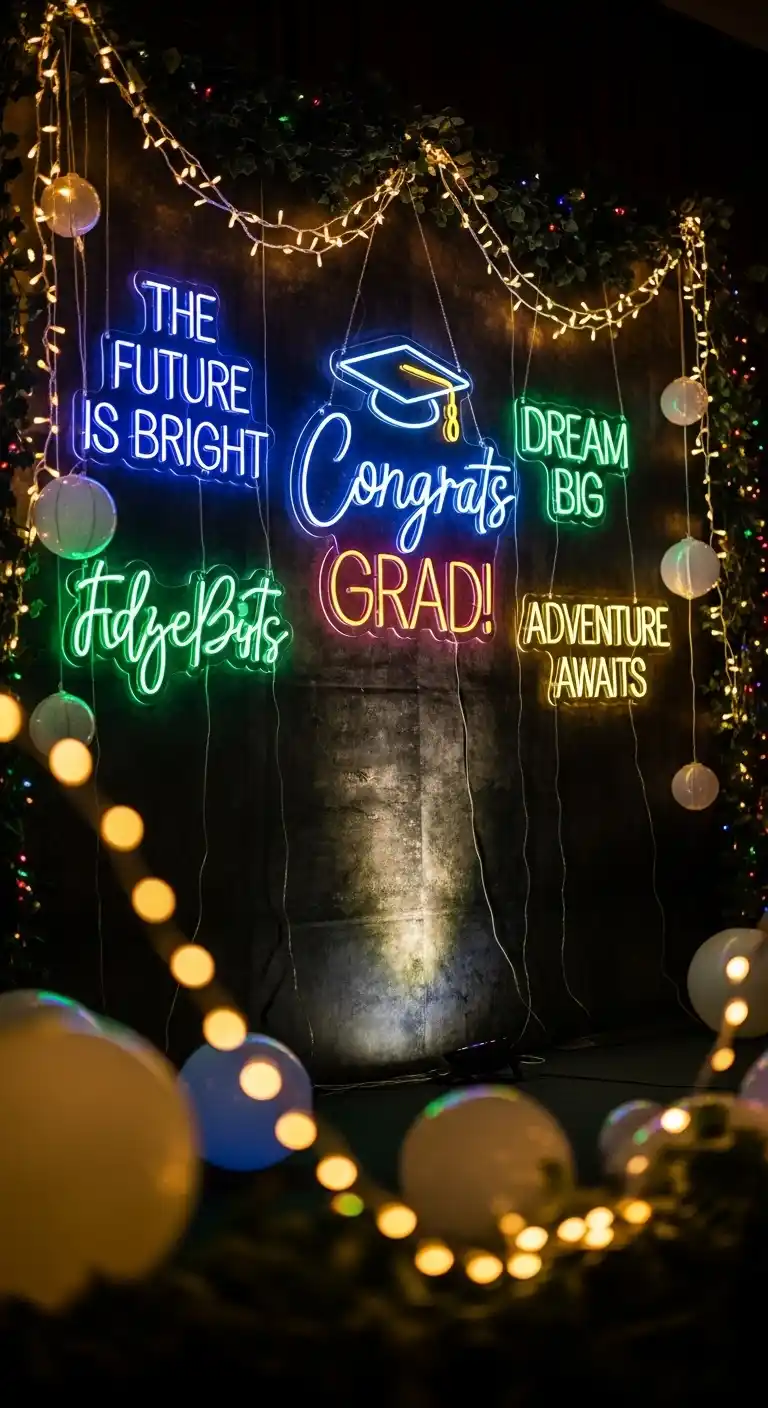 21 Stylish Graduation Party Backdrops for Any Theme 22 18. Neon Signs and LED Lights Backdrop