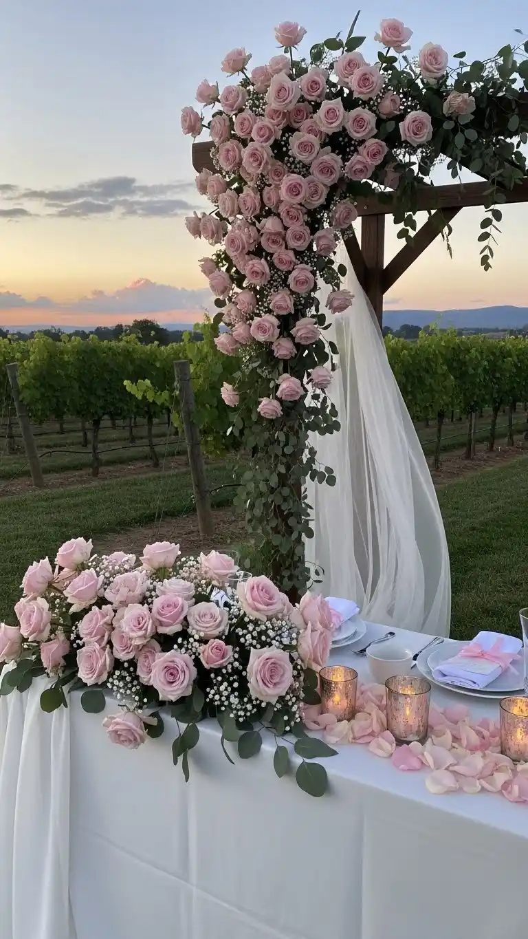 25 Elegant Vineyard Wedding Ideas for Your Dream Day 22 18. Romantic Soft-Pink Premium Rose Cluster