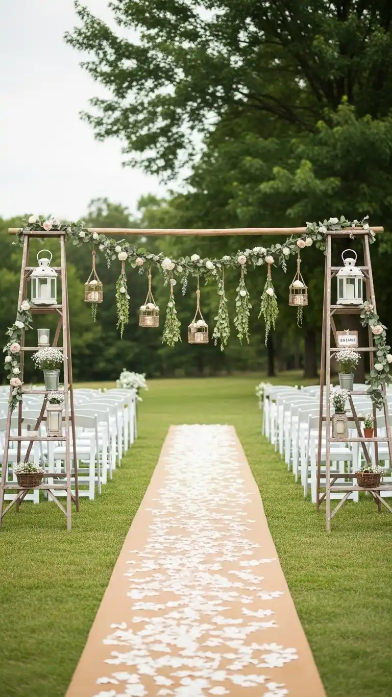 Beautiful Outdoor Wedding Entrances You’ll Love 22 18. Rustic Ladder Aisle Entrance with Hanging Decor