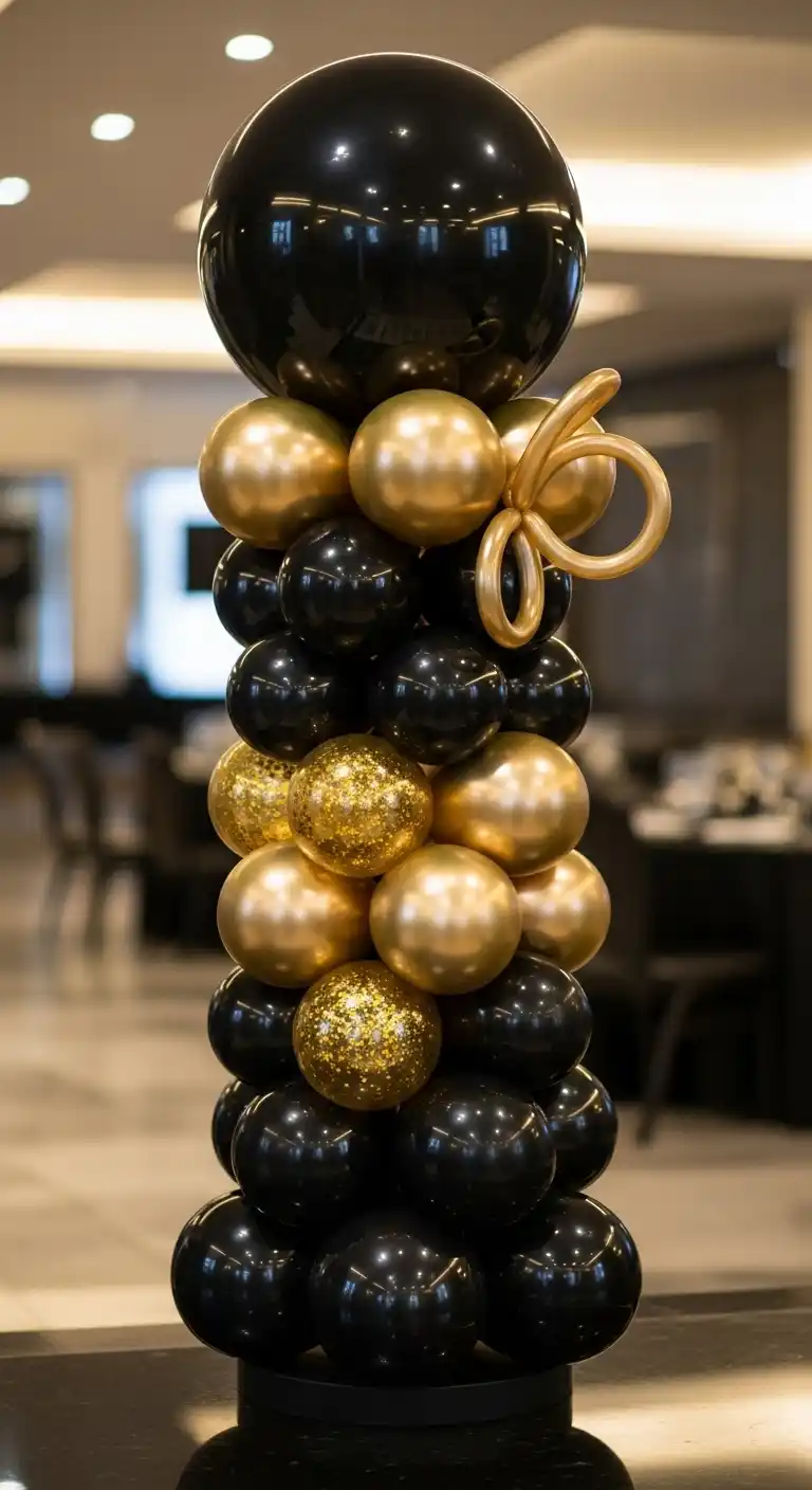 25 Stunning DIY Balloon Centerpiece Ideas on a Budget 23 19. Black-and-Gold Balloon Tower for Premium Styling