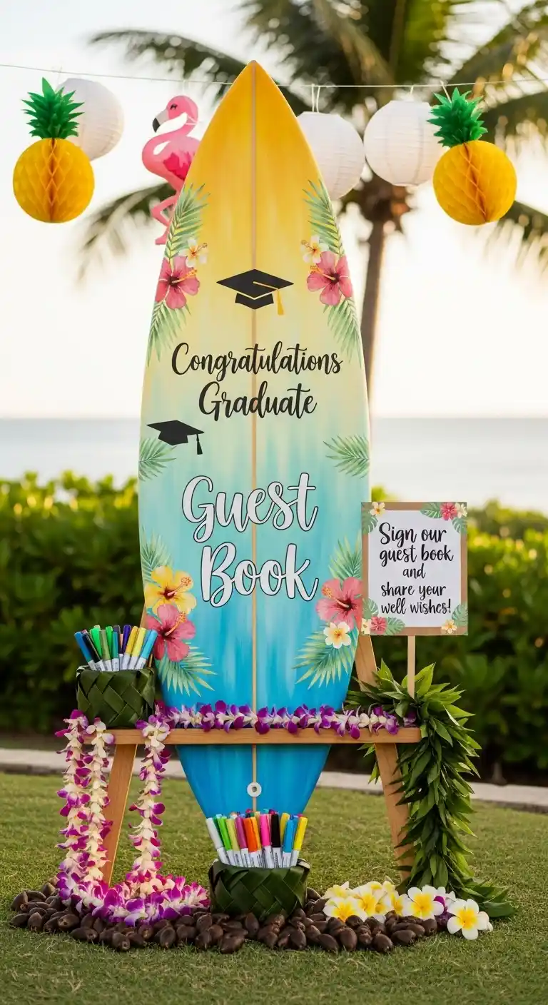 25 Hawaiian Graduation Party Ideas for a Fun Celebration 23 19. Custom Surfboard Guest Book