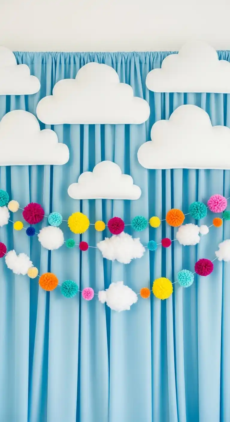 19 Bright & Stylish DIY Party Backdrop Inspirations 23 19. Pom Garland and Clouds for Kids’ Celebrations