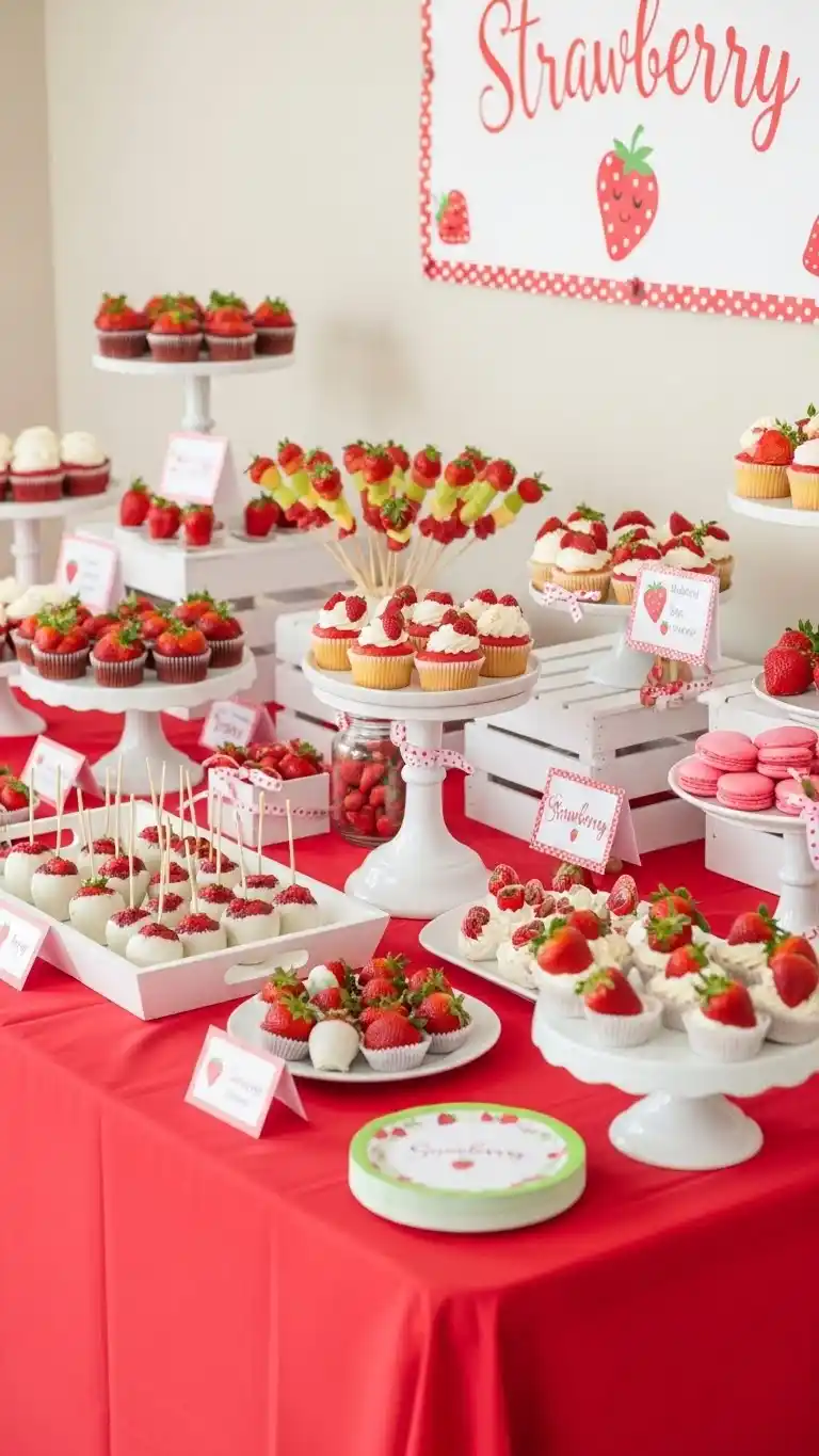 21 Strawberry Themed Party Ideas That Shine 6 2. Berry-Sweet Dessert Table Display