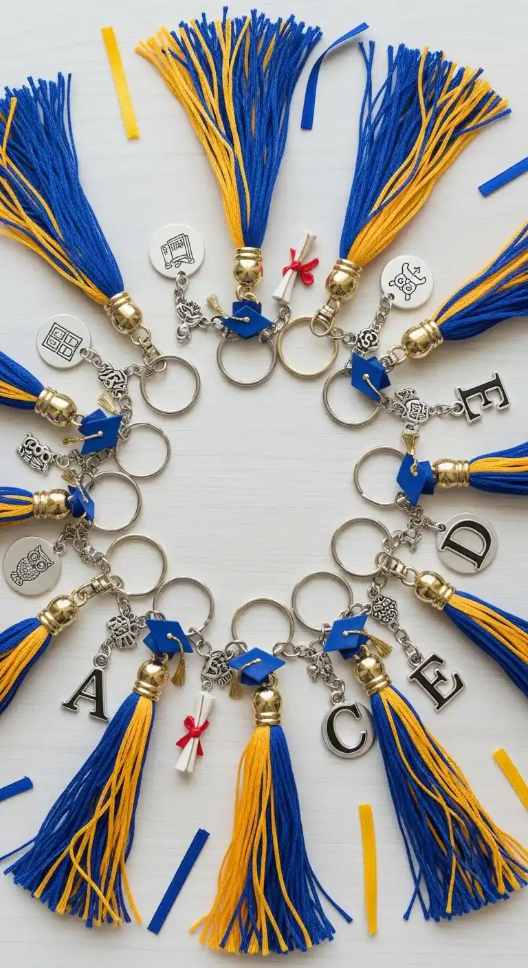 27 Simple DIY Graduation Party Decorations to Try 6 2. Customized Tassel Keychains Matching School Colors