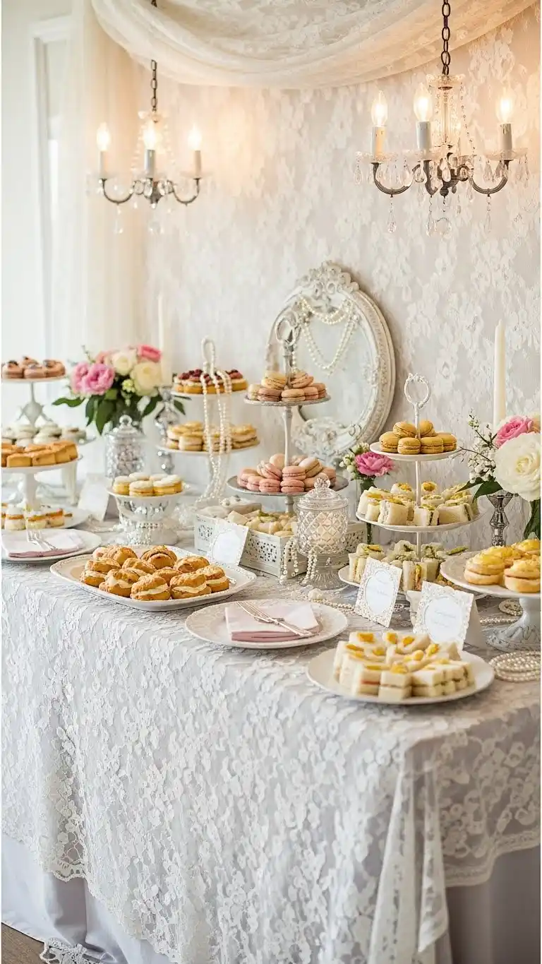 Bridgerton Party Ideas: 21 Elegant Themes and Decor Tips 6 2. Design a Lace-Draped Dessert Table