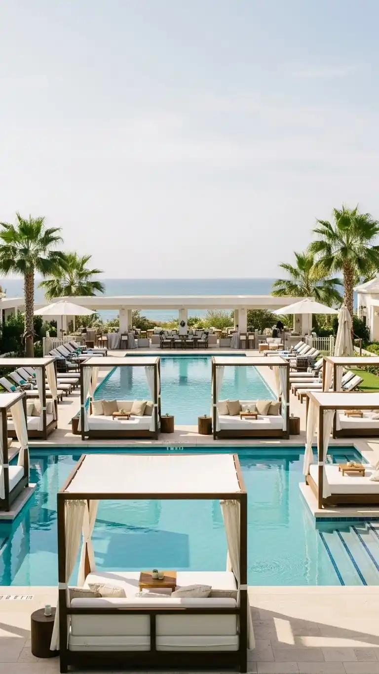 17 Poolside Wedding Ideas That Shine 6 2. Poolside Lounge Pods for Guest Relaxation