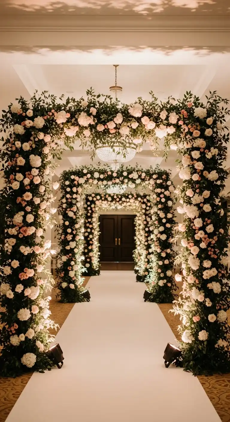19 Classy Wedding Reception Ideas for a Timeless Look 6 2. Romantic Floral Tunnels for Grand Entrances
