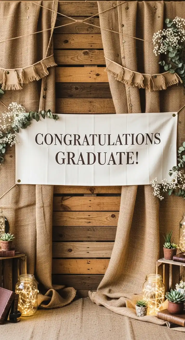 21 Stylish Graduation Party Backdrops for Any Theme 6 2. Rustic Charm with Wooden and Burlap Backdrops