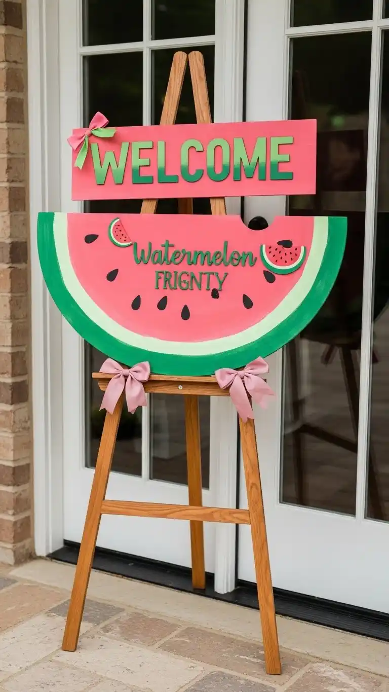 25 Fun Watermelon Themed Party Ideas for a Sweet Celebration 6 2. Watermelon Themed Welcome Sign Stand
