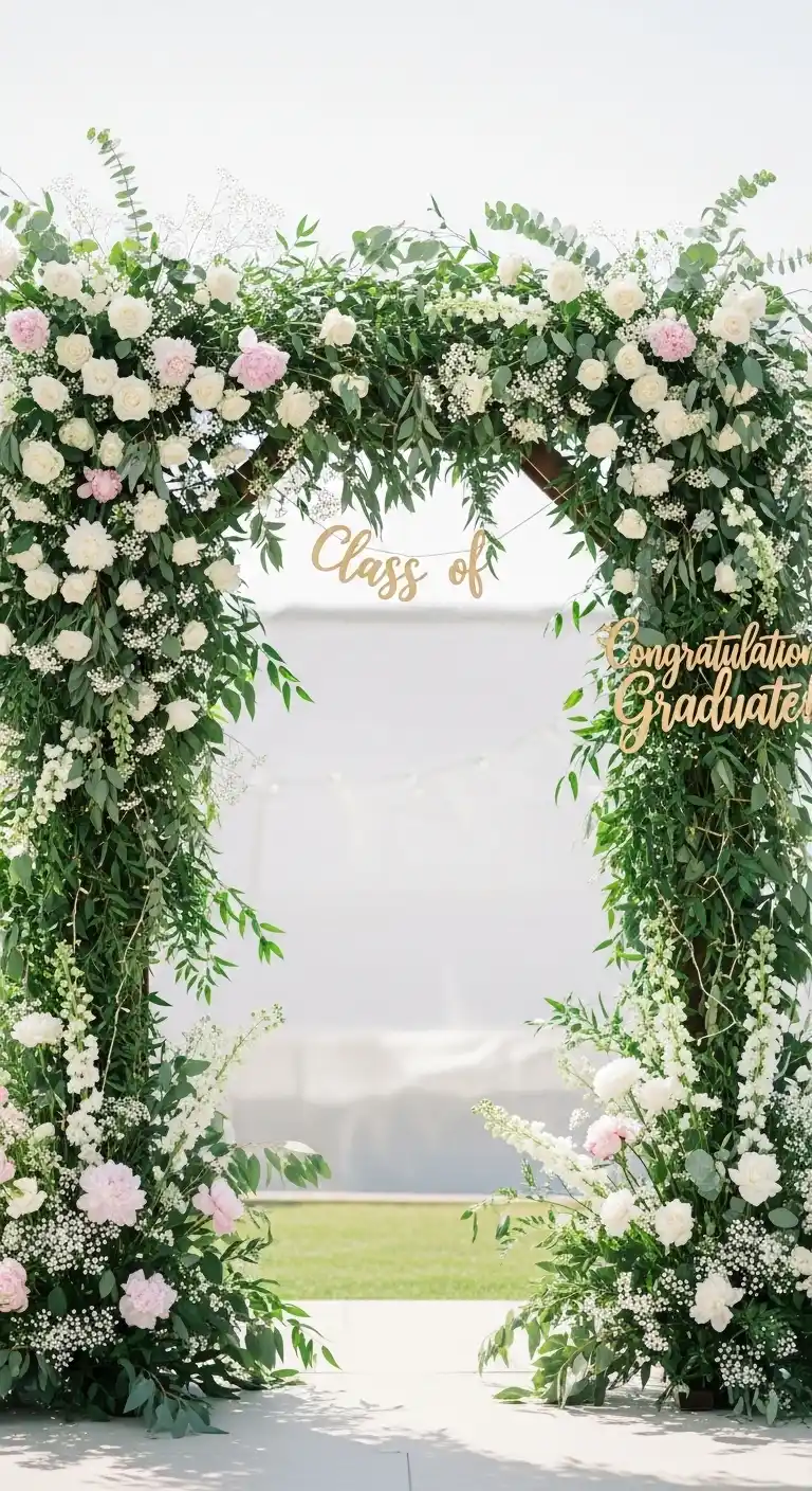 21 Stylish Graduation Party Backdrops for Any Theme 24 20. Floral and Greenery Arch