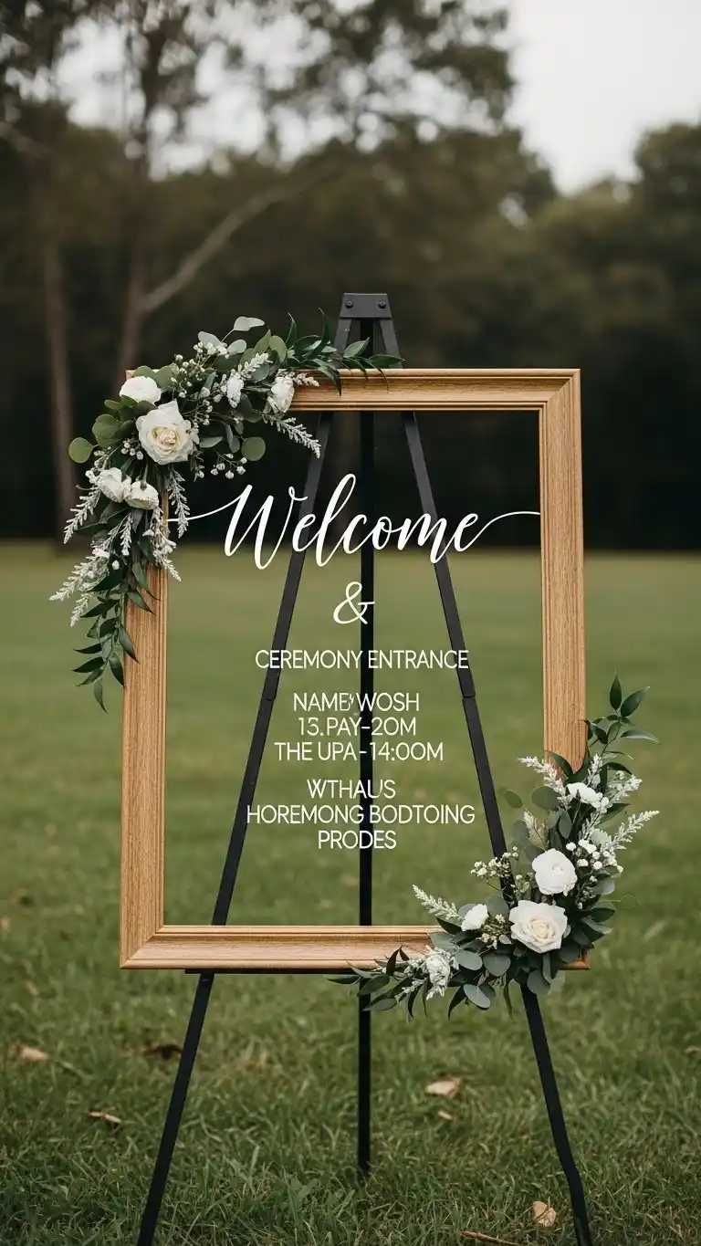 Beautiful Outdoor Wedding Entrances You’ll Love 24 20. Framed Sign Entrance with Personalized Welcome Message