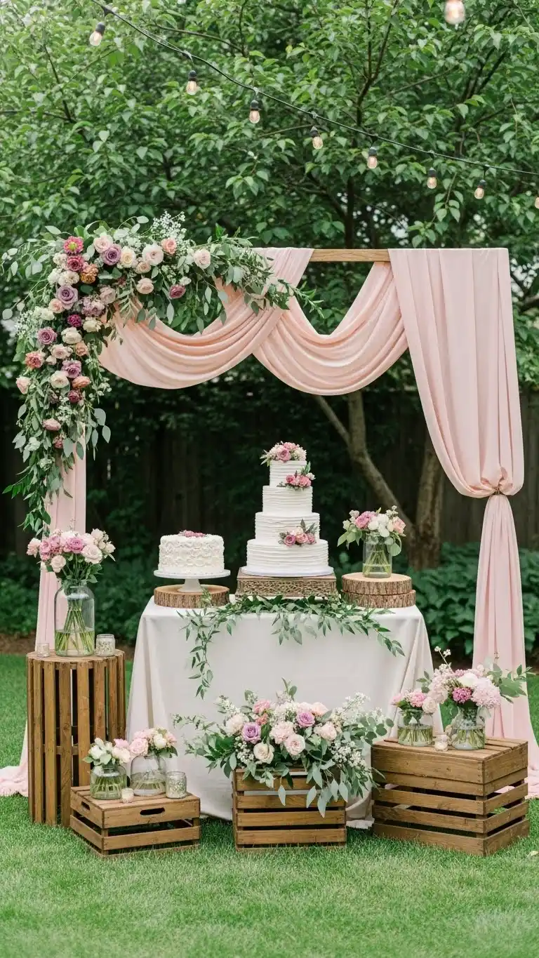 Beautiful Backyard Wedding Ideas on a Budget 24 20. Garden-Inspired Cake Display Area