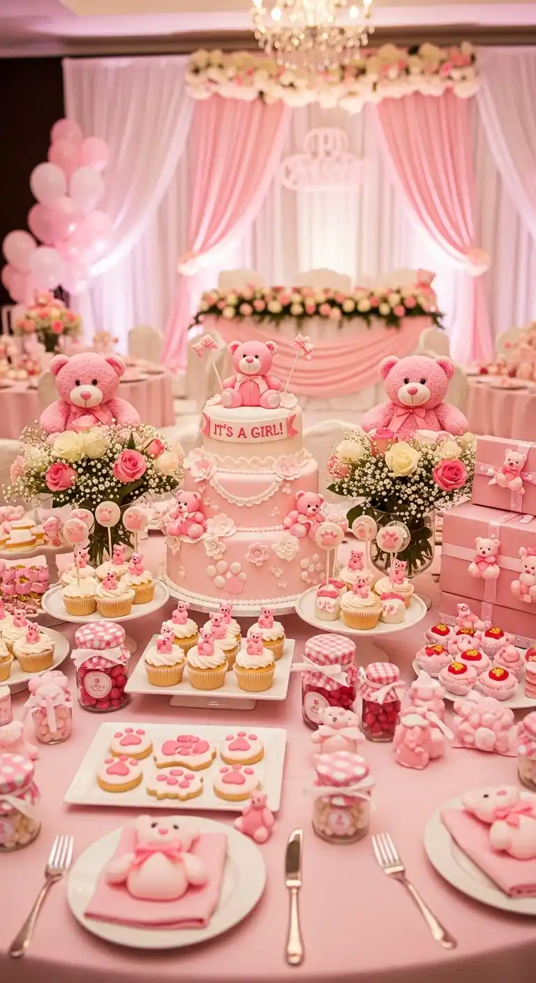 25 Girl Baby Shower Themes That Feel Fresh and Magical 24 20. Pink Teddy Bear Celebration Theme