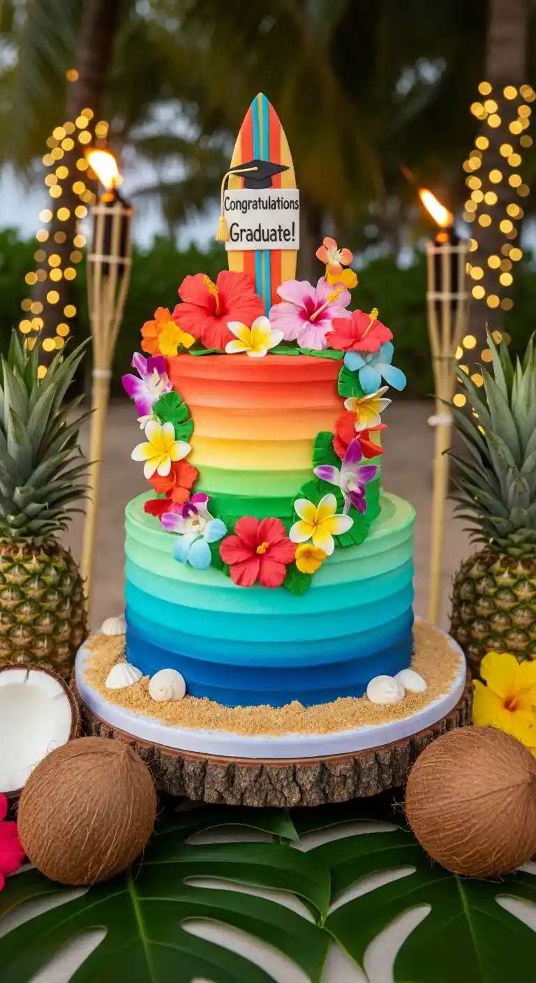 25 Hawaiian Graduation Party Ideas for a Fun Celebration 24 20. Tropical Graduation Cake with Island Colors