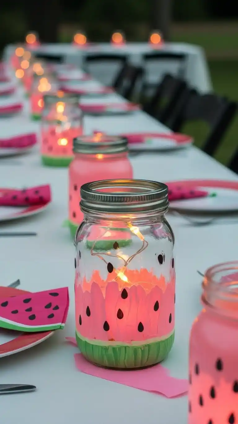 25 Fun Watermelon Themed Party Ideas for a Sweet Celebration 24 20. Watermelon Mason Jar Table Lights