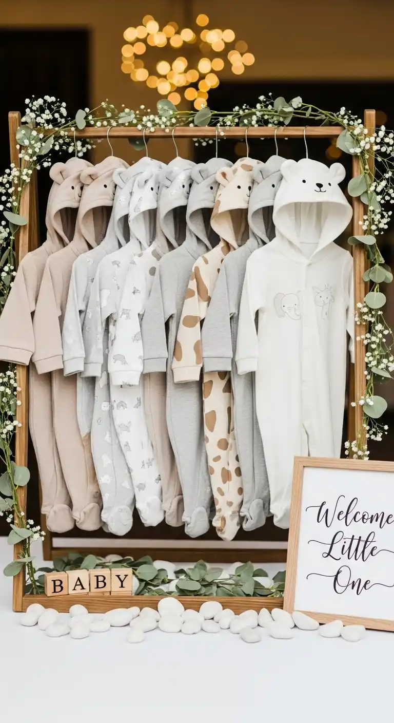 23 Elegant Neutral Baby Shower Ideas for a Perfect Day 25 21. Animal Onesie Display