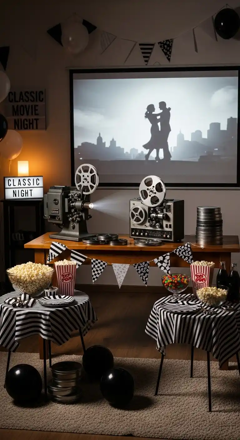 25 Simple + Stylish Movie Night Party Ideas 25 21. Black & White Classic Night
