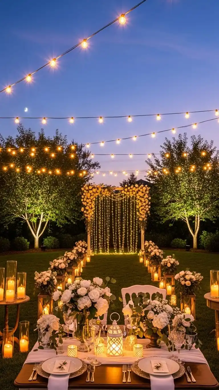 Beautiful Backyard Wedding Ideas on a Budget 25 21. Twilight Ceremony Lighting for Magical Atmosphere