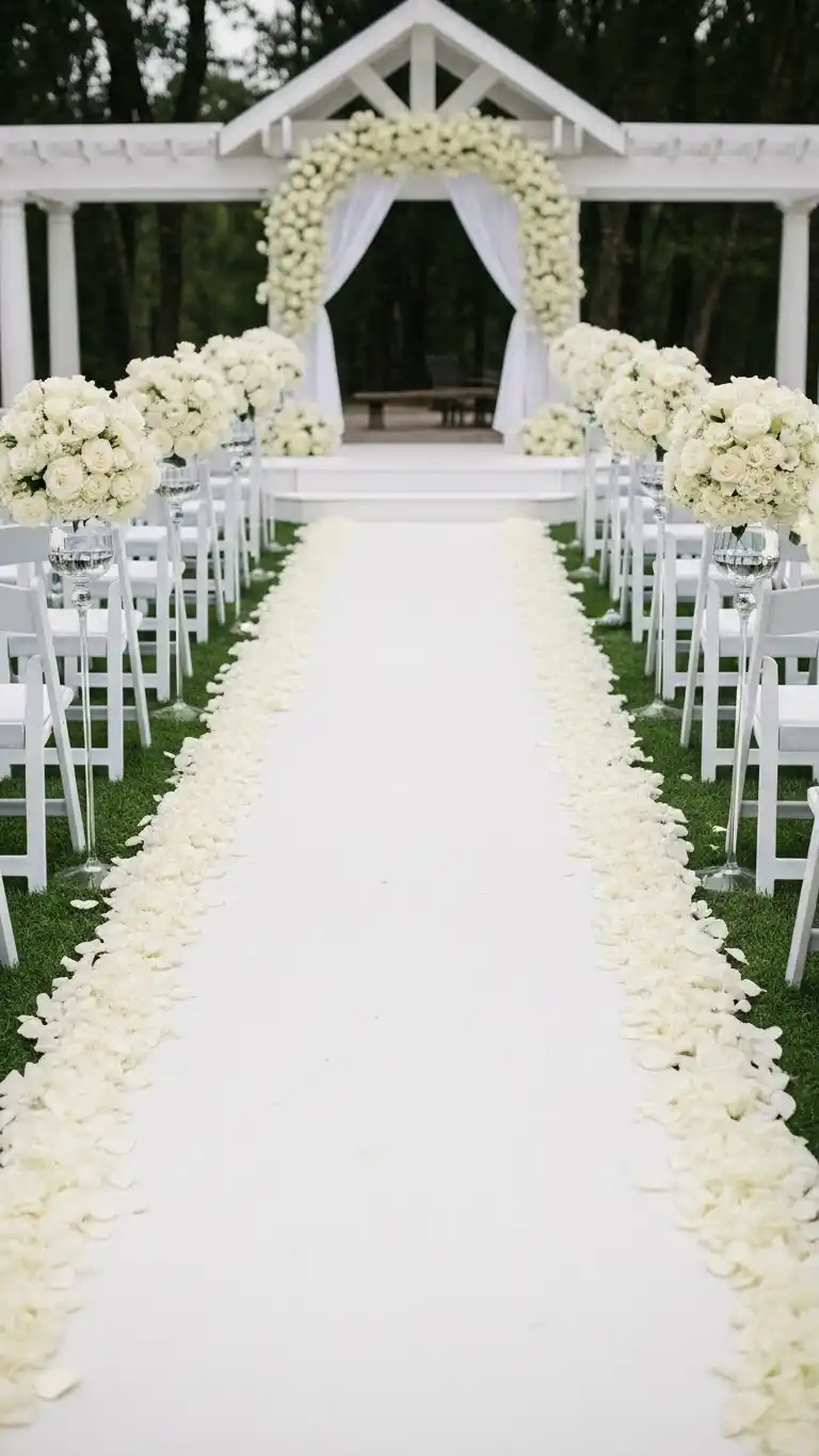 Beautiful Outdoor Wedding Entrances You’ll Love 25 21. White Rose Pathway for Timeless Elegance