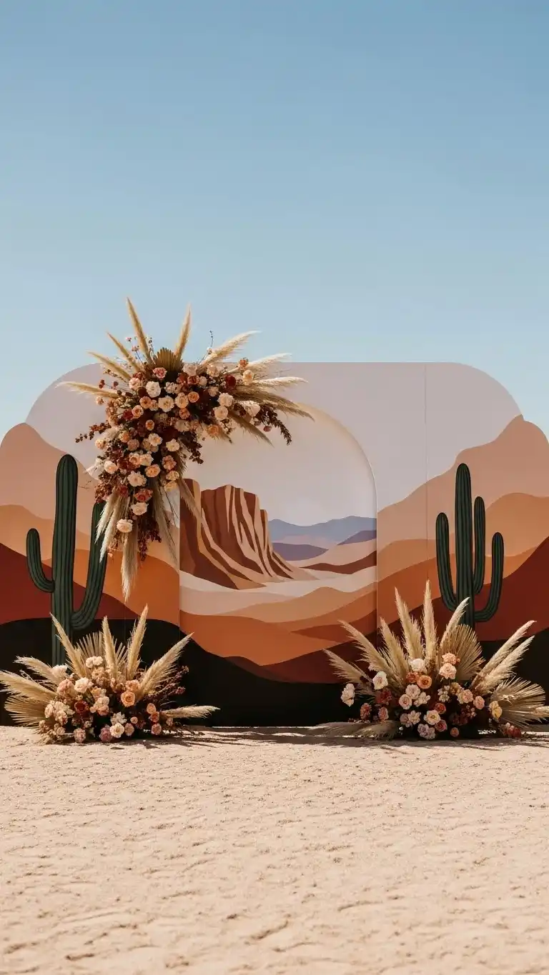 Desert Wedding Ideas That Bring Elegant, Rustic Charm to Your Big Day 26 22. Hand-Painted Desert Backdrop Wall