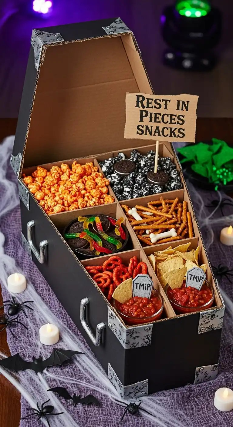 23 DIY Halloween Party Decor Ideas for a Festive Look 26 22. Recycled Cardboard Coffin Snack Station