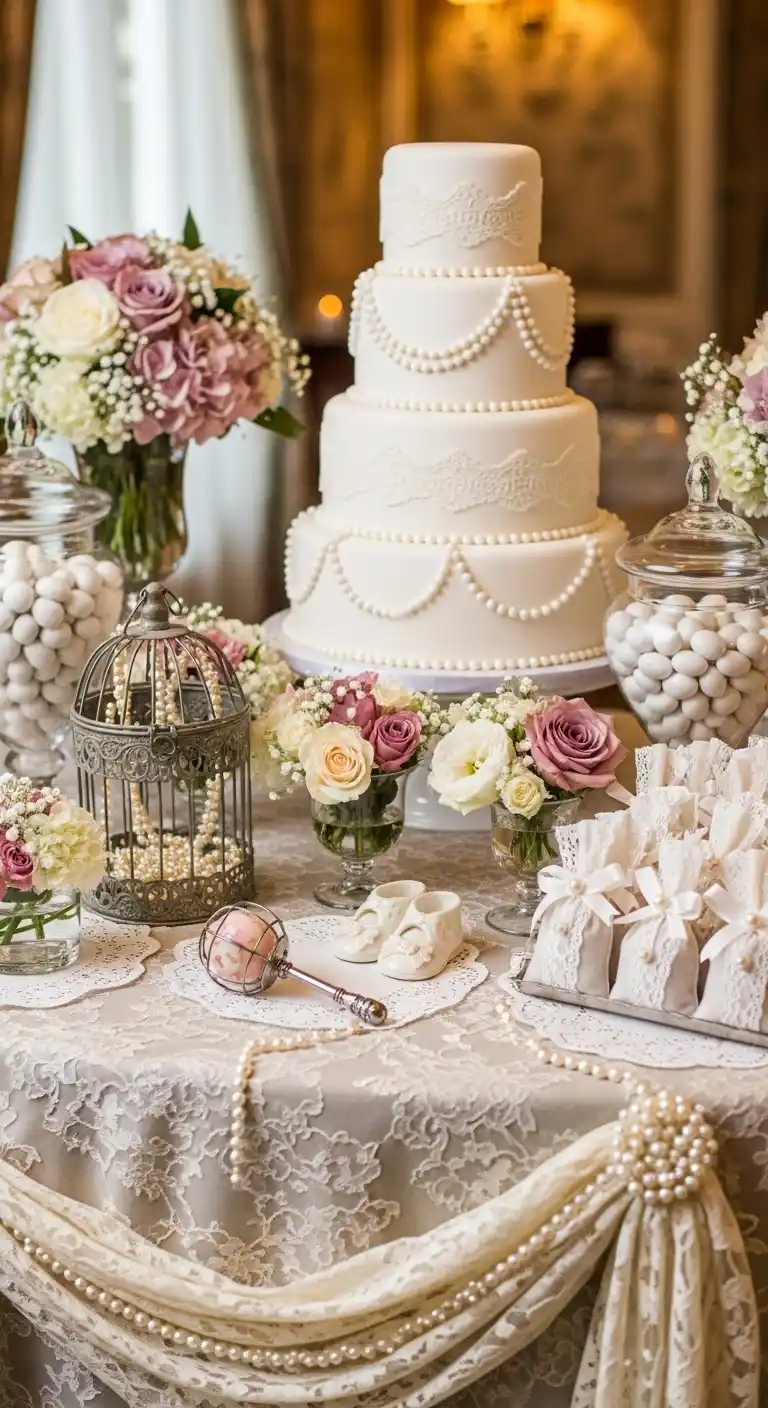25 Girl Baby Shower Themes That Feel Fresh and Magical 26 22. Vintage Lace and Pearls Theme