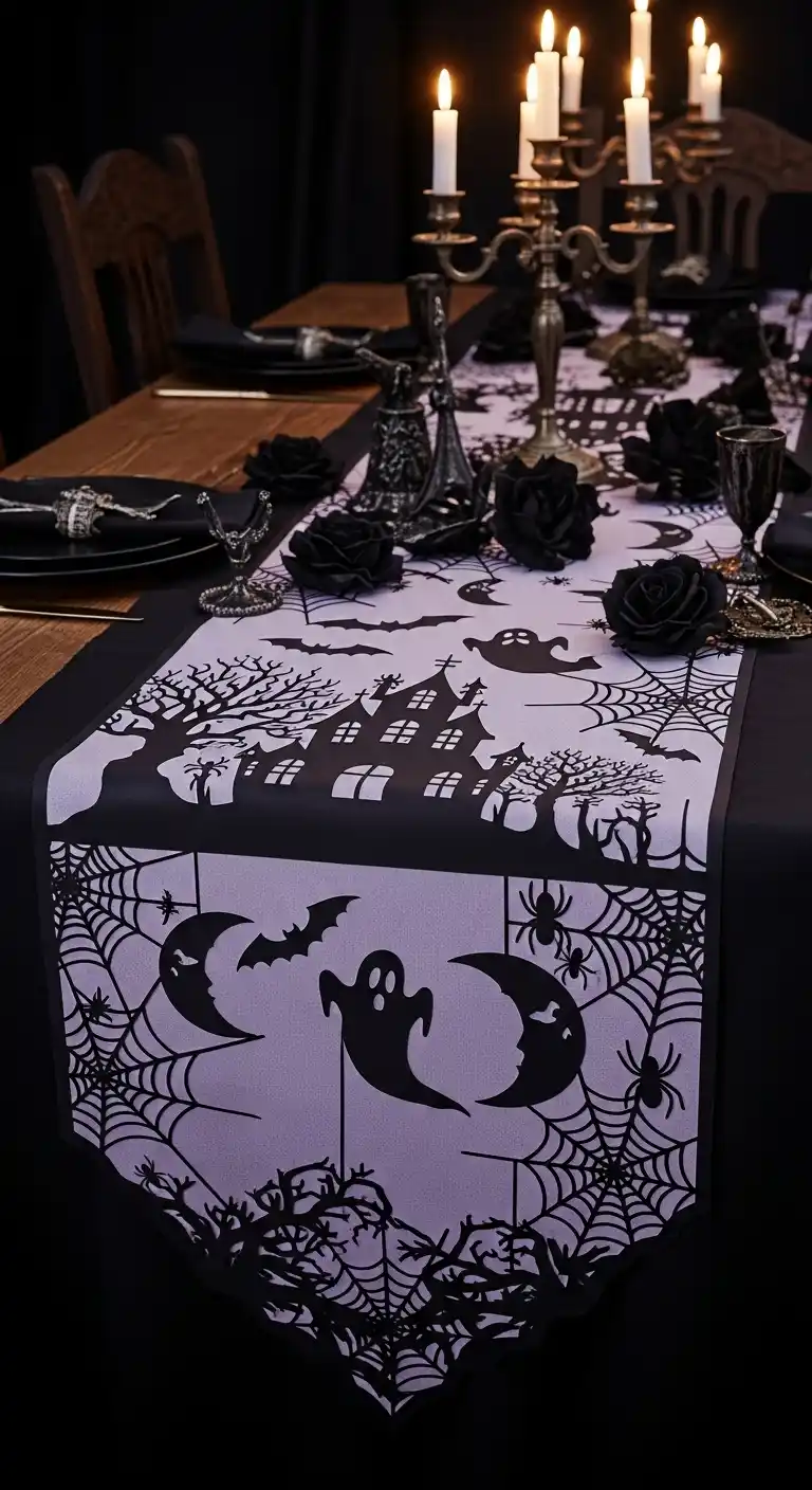 23 DIY Halloween Party Decor Ideas for a Festive Look 27 23. Gothic-Style Table Runner with Paper Cutouts