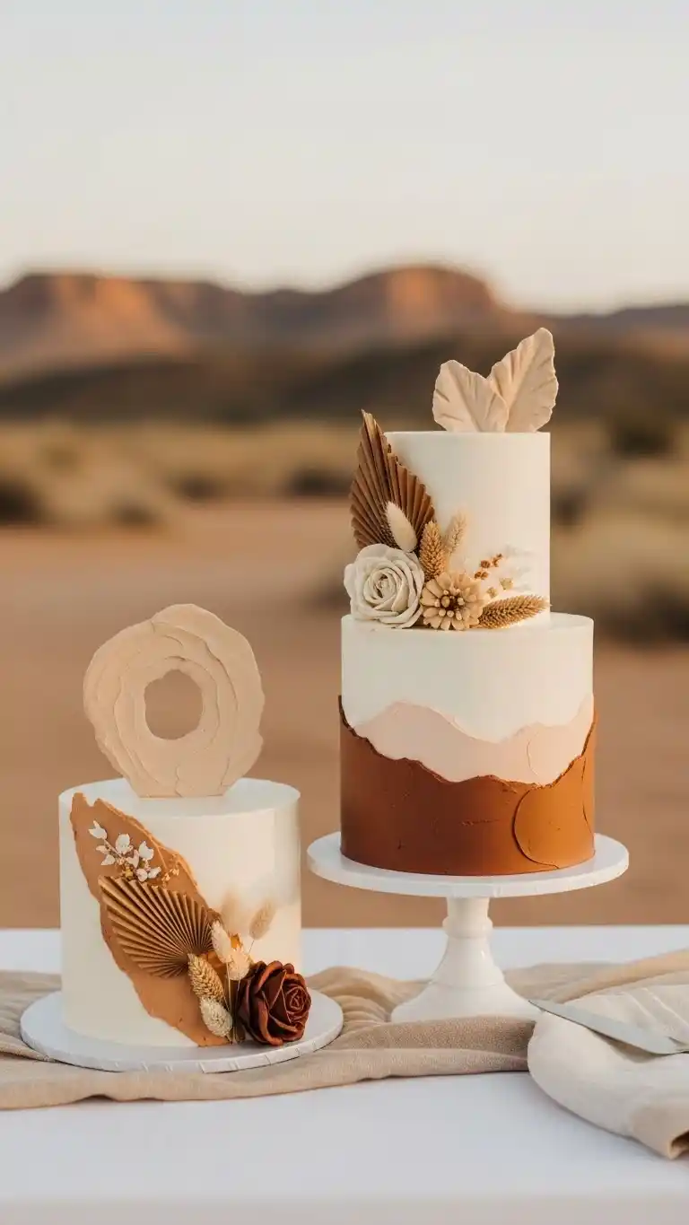 Desert Wedding Ideas That Bring Elegant, Rustic Charm to Your Big Day 28 24. Organic-Style Cake with Earthy Tones