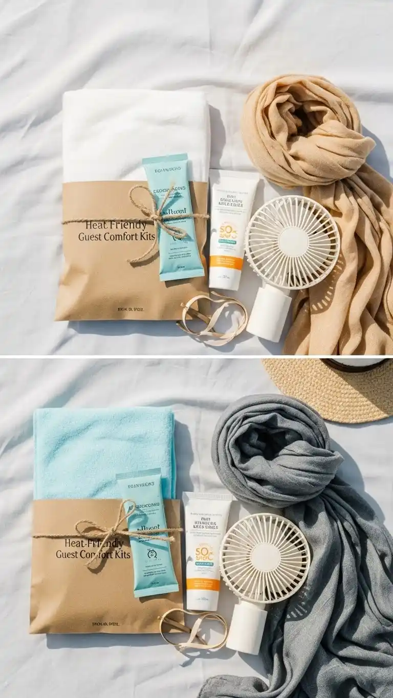 Desert Wedding Ideas That Bring Elegant, Rustic Charm to Your Big Day 29 25. Heat-Friendly Guest Comfort Kits