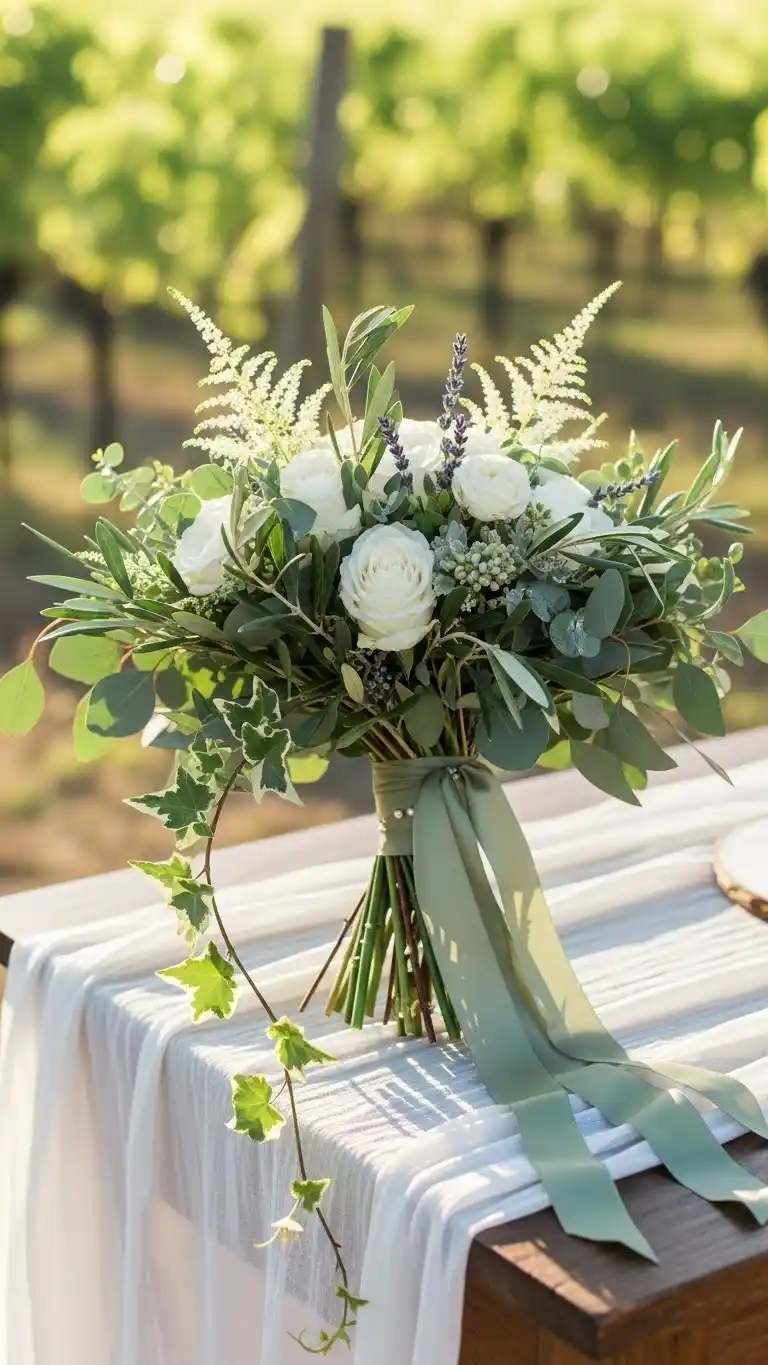 25 Elegant Vineyard Wedding Ideas for Your Dream Day 29 25. Luxe Vineyard Wedding Ideas-Inspired Bouquet with Soft Greens