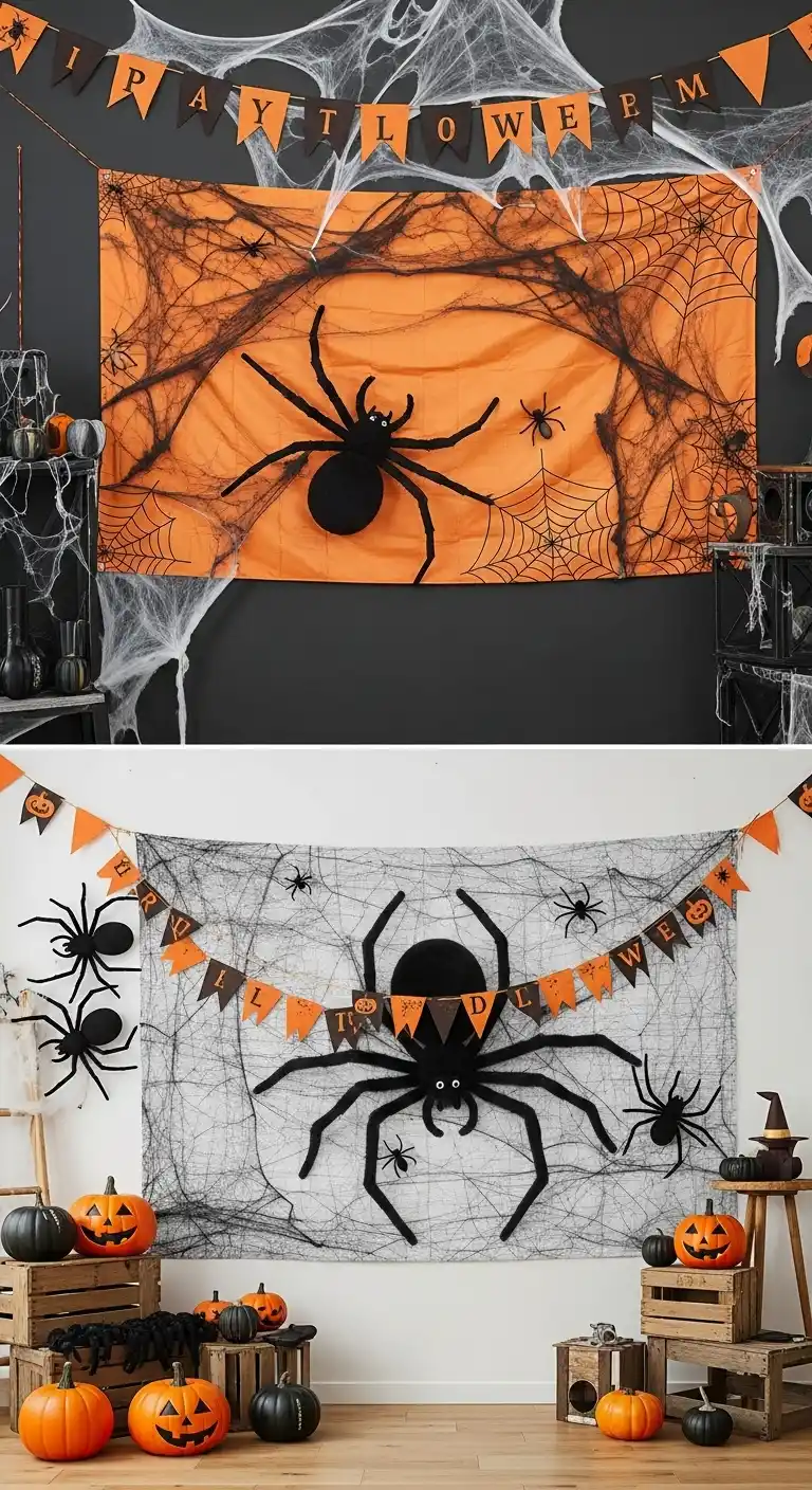 23 DIY Halloween Party Decor Ideas for a Festive Look 7 3. Creepy Crawly Spider Wall Spread