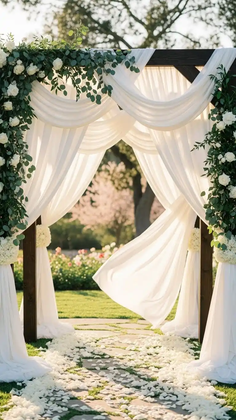 Beautiful Outdoor Wedding Entrances You’ll Love 7 3. Draped Fabric Entrance with Soft Movement