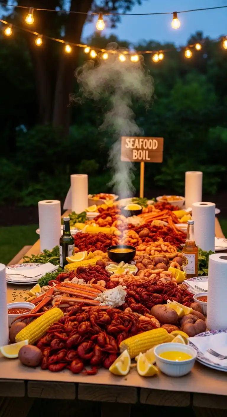 Seafood Boil Party Ideas: 27 Coastal-Inspired Fun Touches 7 3. Outdoor Backyard Seafood Feast Under String Lights