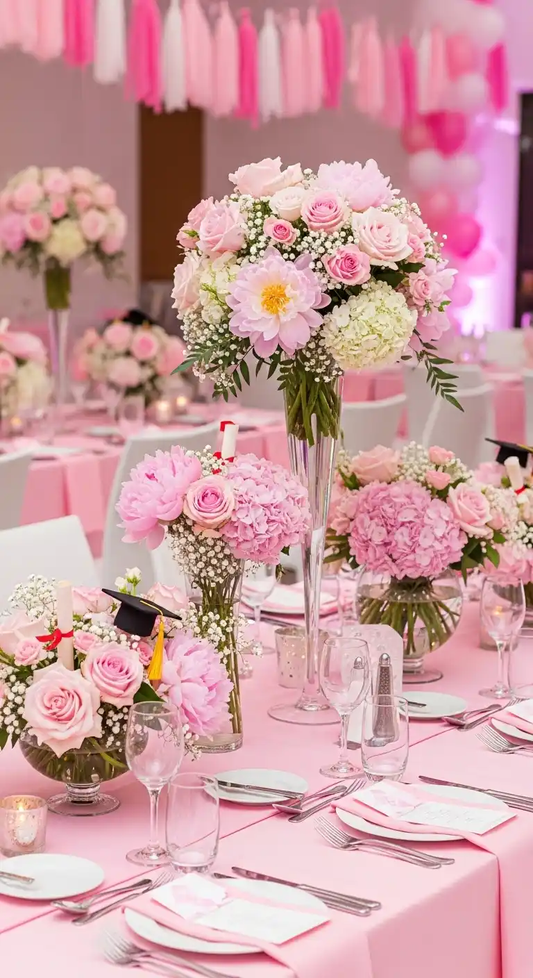 17 Pretty Pink Graduation Party Ideas You’ll Love 7 3. Pink Floral Centerpieces