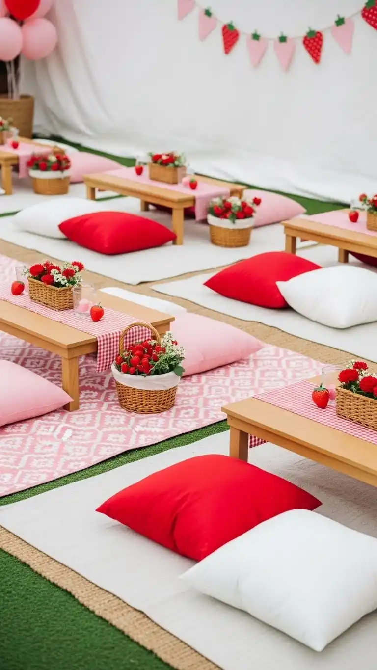 21 Strawberry Themed Party Ideas That Shine 7 3. Strawberry Picnic-Style Floor Seating
