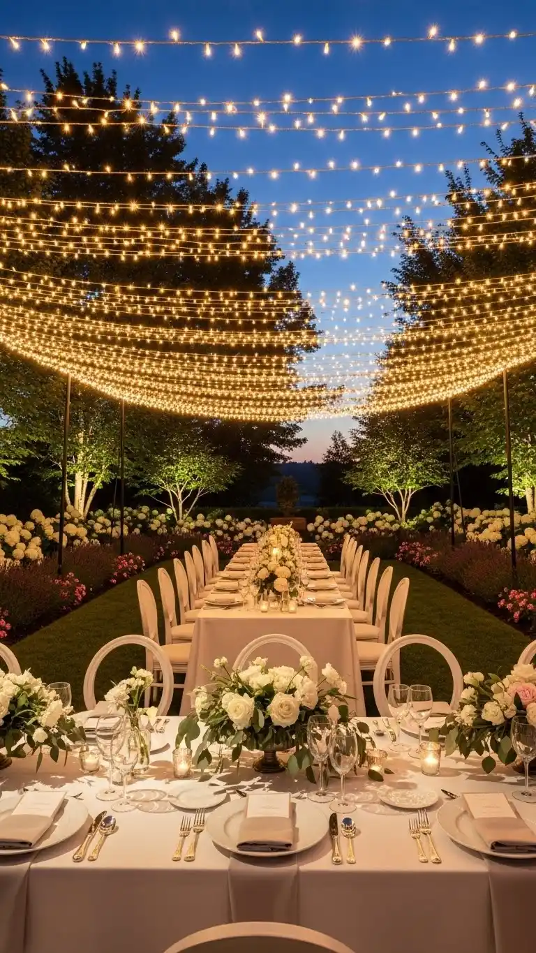 Beautiful Backyard Wedding Ideas on a Budget 7 3. String Light Canopies to Elevate Backyard Atmosphere