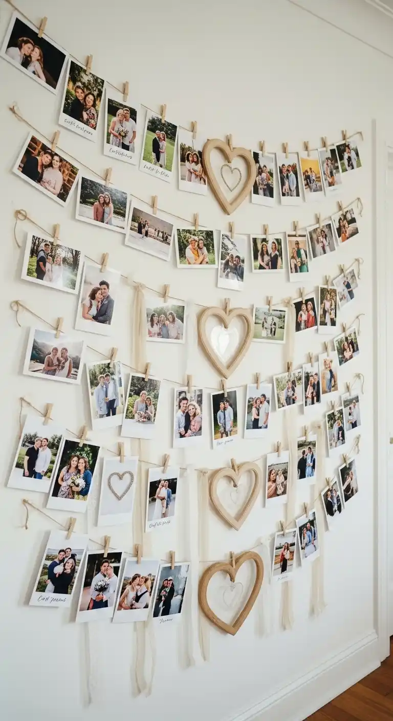17 DIY Wedding Decorations That Wow Your Guests 8 4. Custom Photo Display Wall