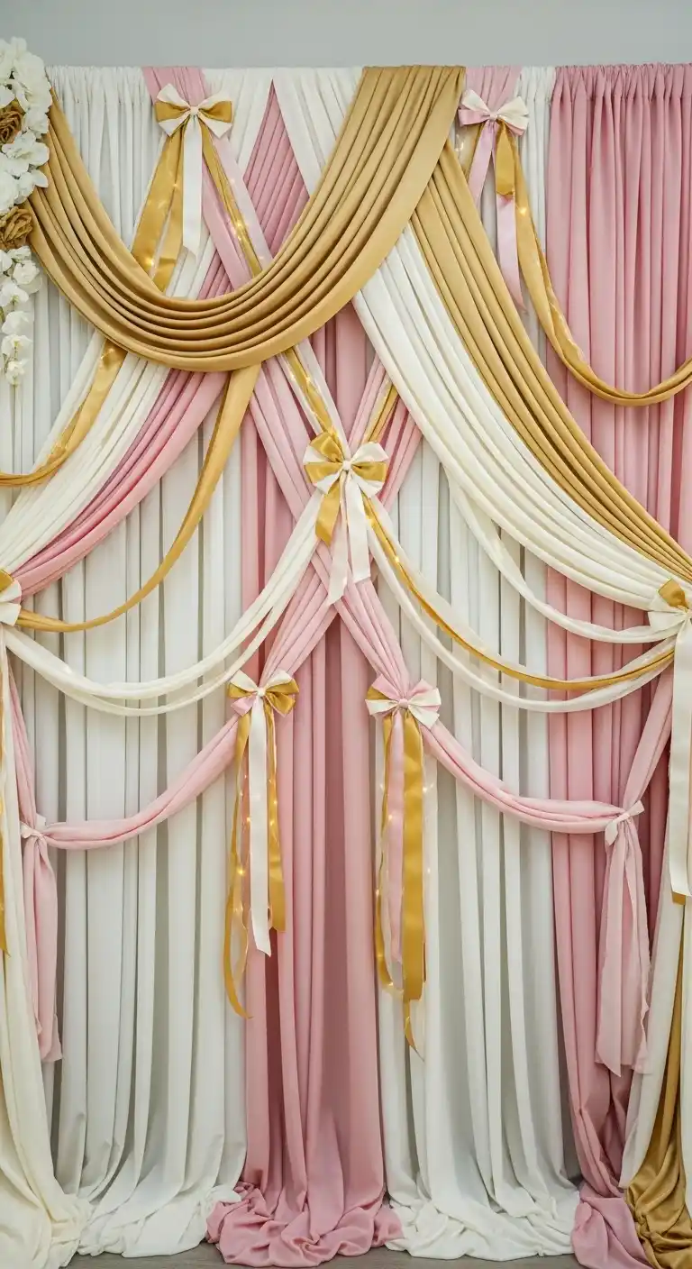 19 Bright & Stylish DIY Party Backdrop Inspirations 8 4. Fabric Drapery Backdrop with Ribbon Accents