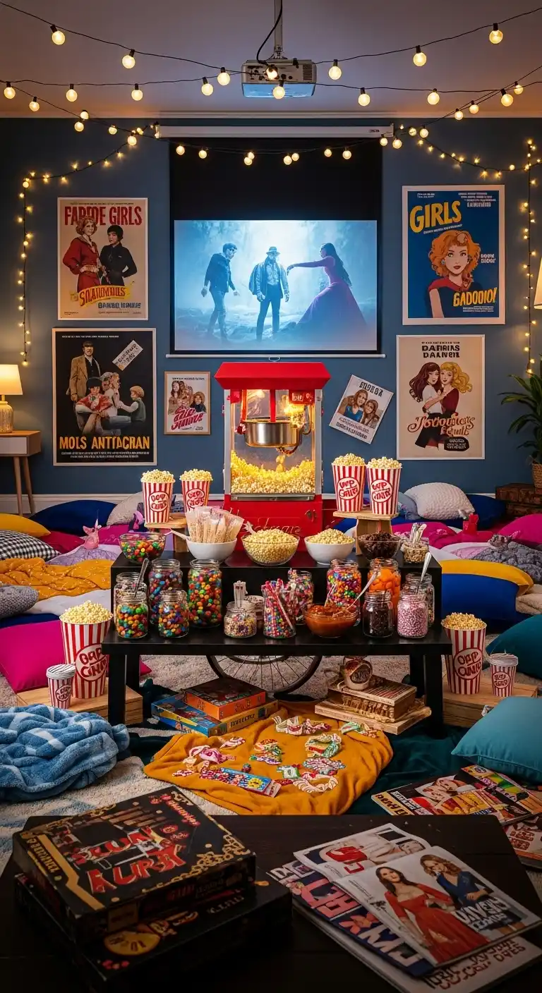 17 Easy Girls Sleepover Party Ideas for a Memorable Night 8 4. Movie Marathon Night with Popcorn Bar