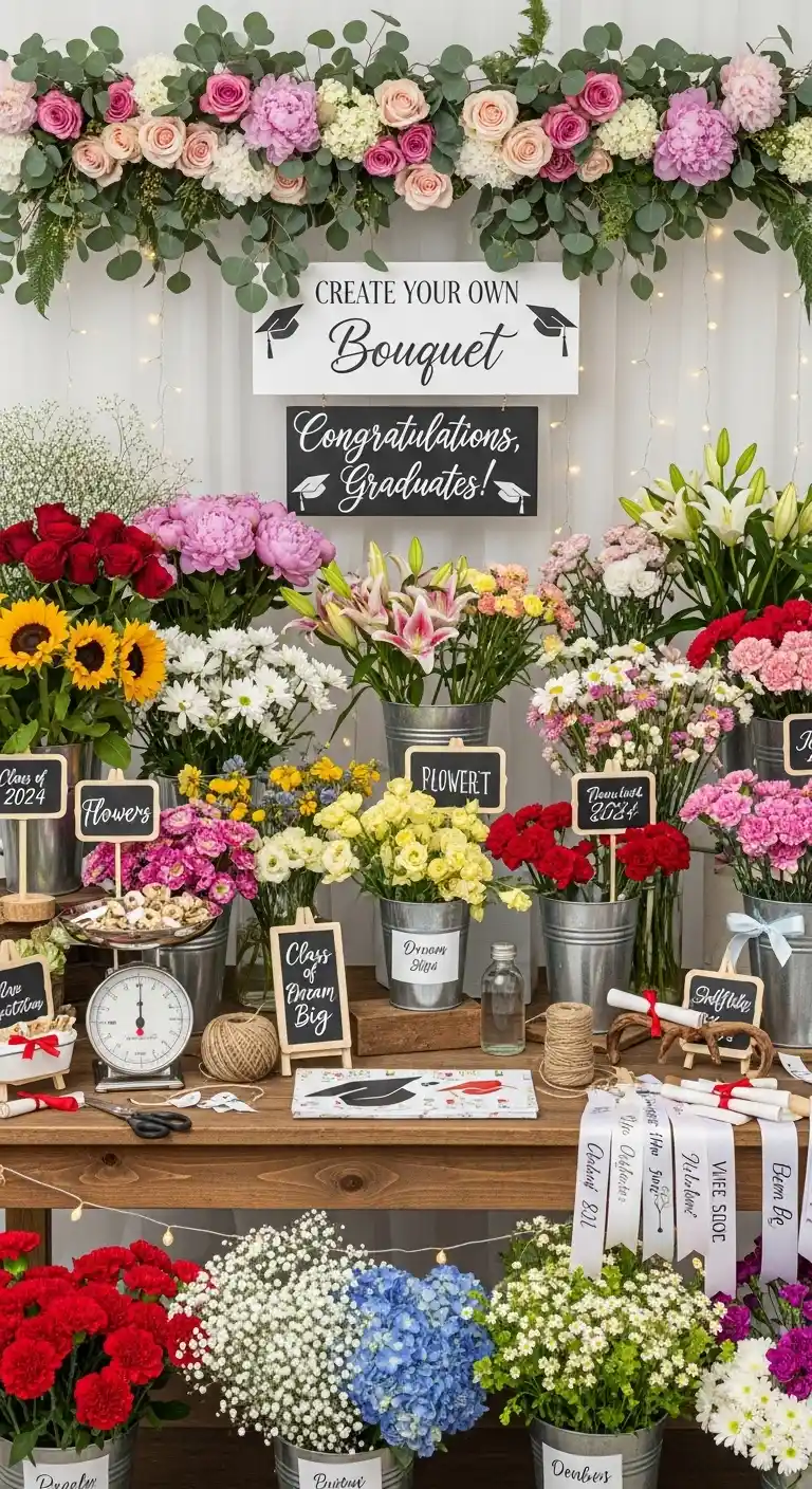 17 Floral Graduation Party Ideas You’ll Love 8 4. Personalized Flower Bouquet Station