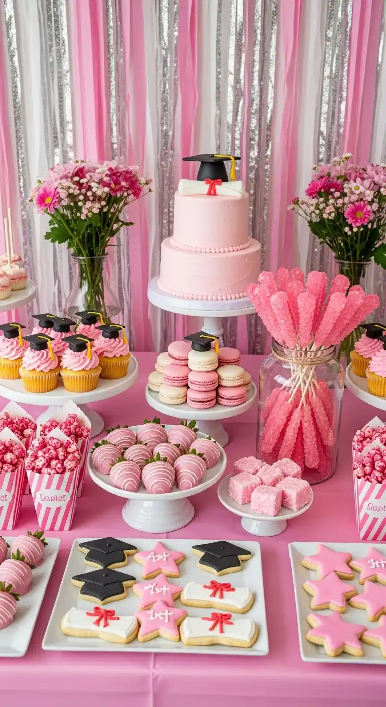 17 Pretty Pink Graduation Party Ideas You’ll Love 8 4. Pink Dessert Table with Themed Treats