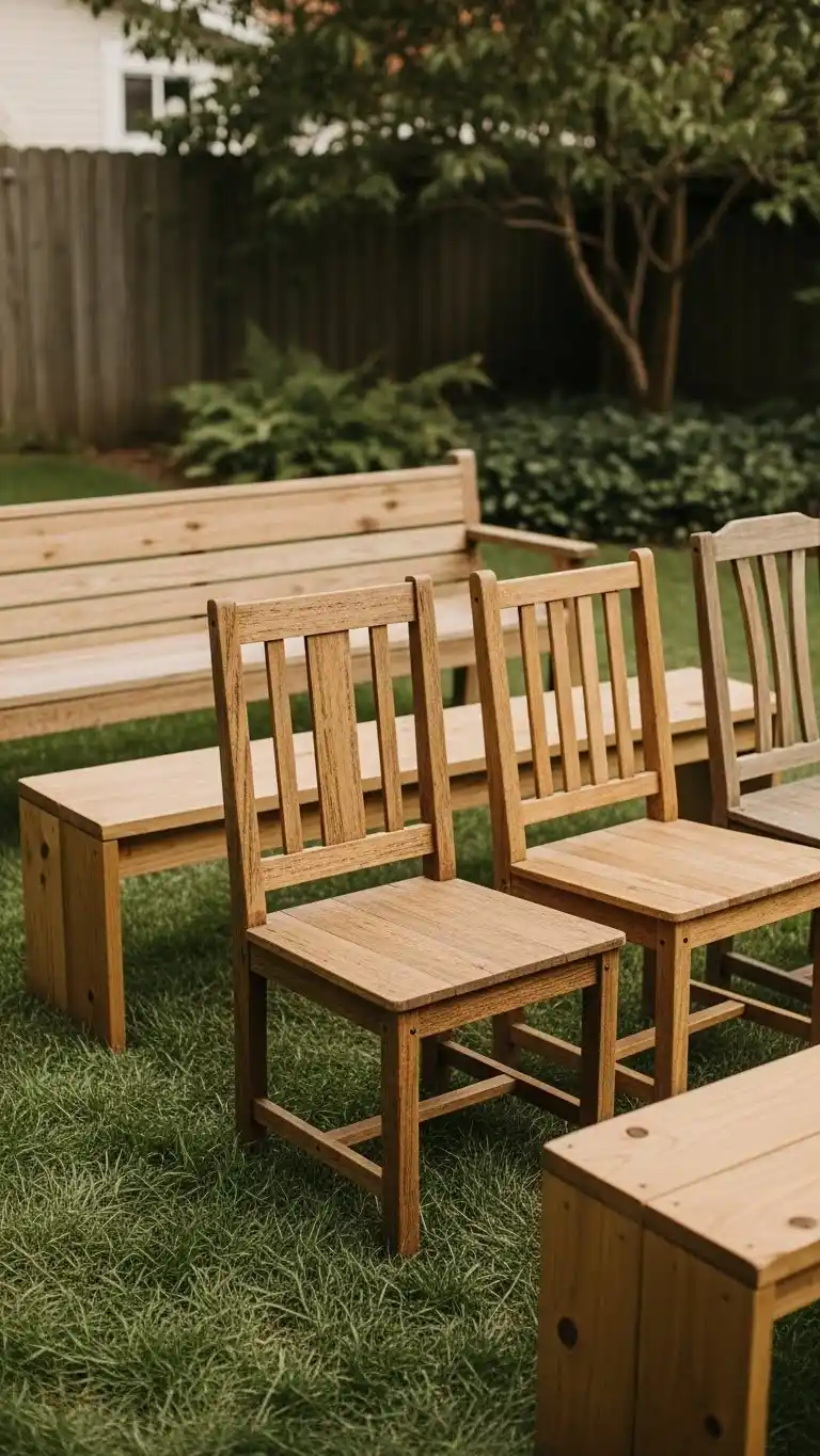 Beautiful Backyard Wedding Ideas on a Budget 8 4. Rustic Wooden Seating for a Warm Outdoor Vibe