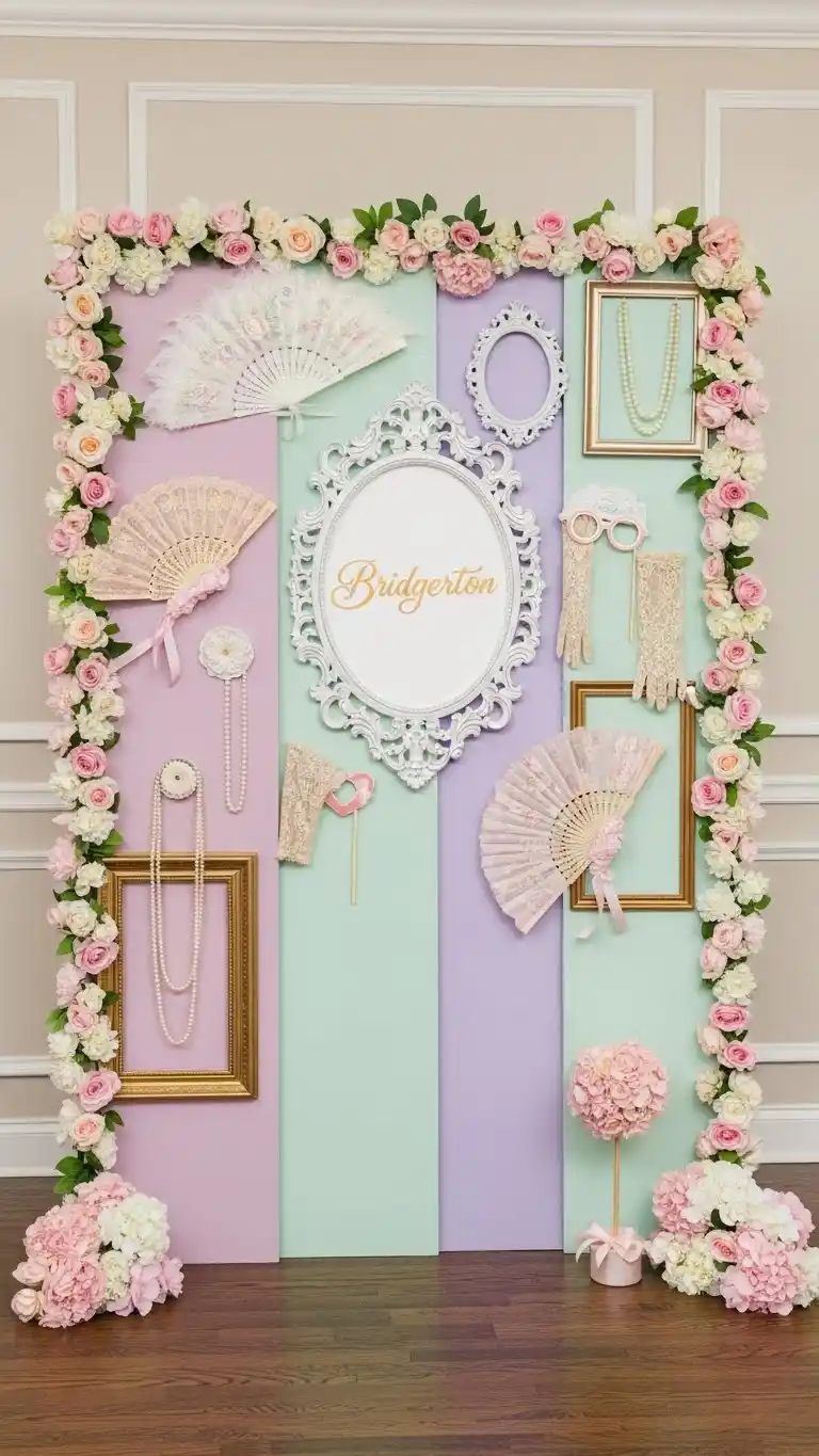 Bridgerton Party Ideas: 21 Elegant Themes and Decor Tips 8 4. Style a Pastel Photo Wall with Regency Props