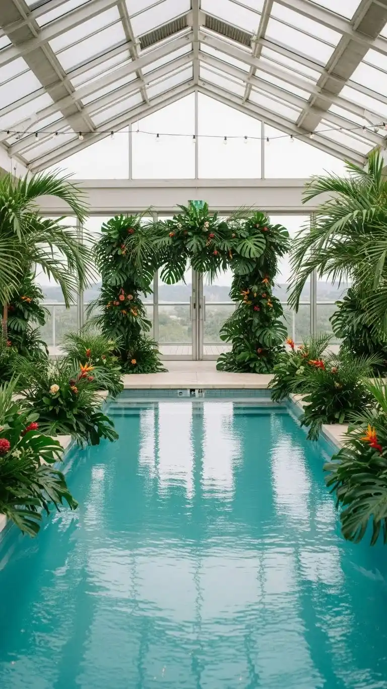 17 Poolside Wedding Ideas That Shine 8 4. Tropical Greenery Installations Surrounding the Pool